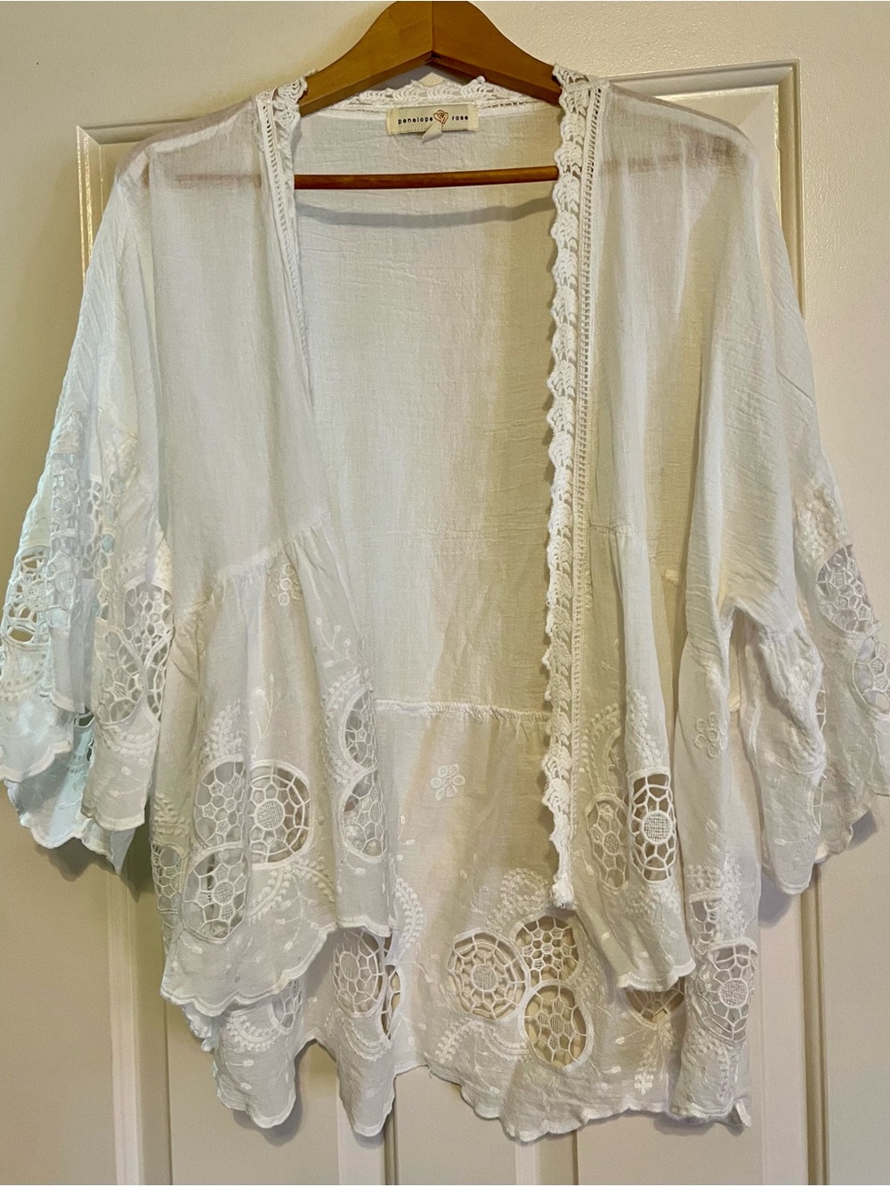 Penelope Rose White 100% Cotton Lace Trim Open Front Kimono Cardigan - Size L